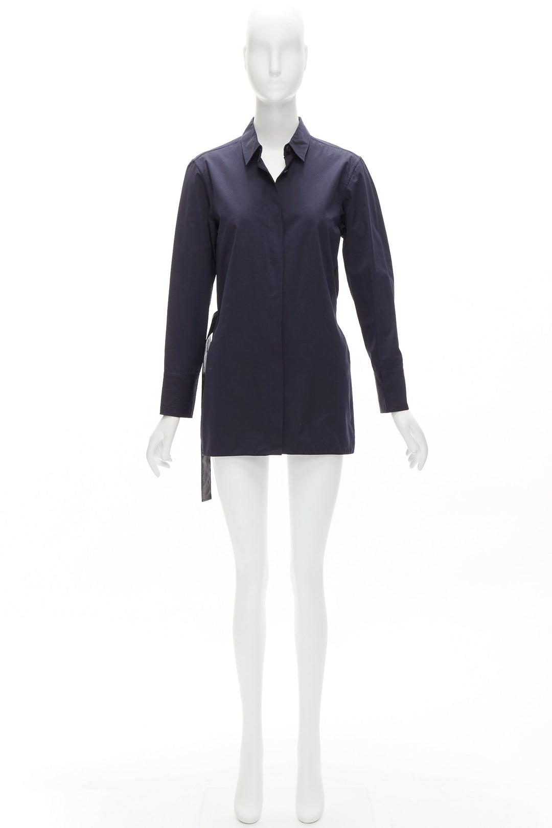 MARNI navy blue cotton rubber button asymmetric belted shirt IT38 XS