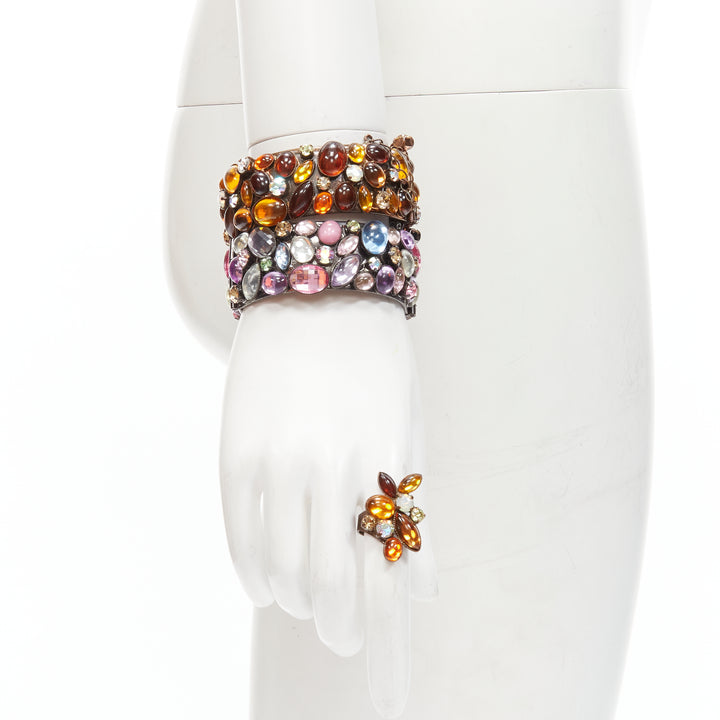 FURLA orange purple rhinestone embellished 2 bangles cocktail ring set