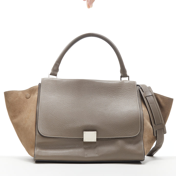 OLD CELINE Trapeze grey leather suede flap top handle flap satchel shoulder bag