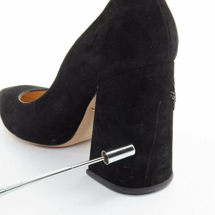 CHARLOTTE OLYMPIA black suede point toe spider embroidered chunky high heel EU35