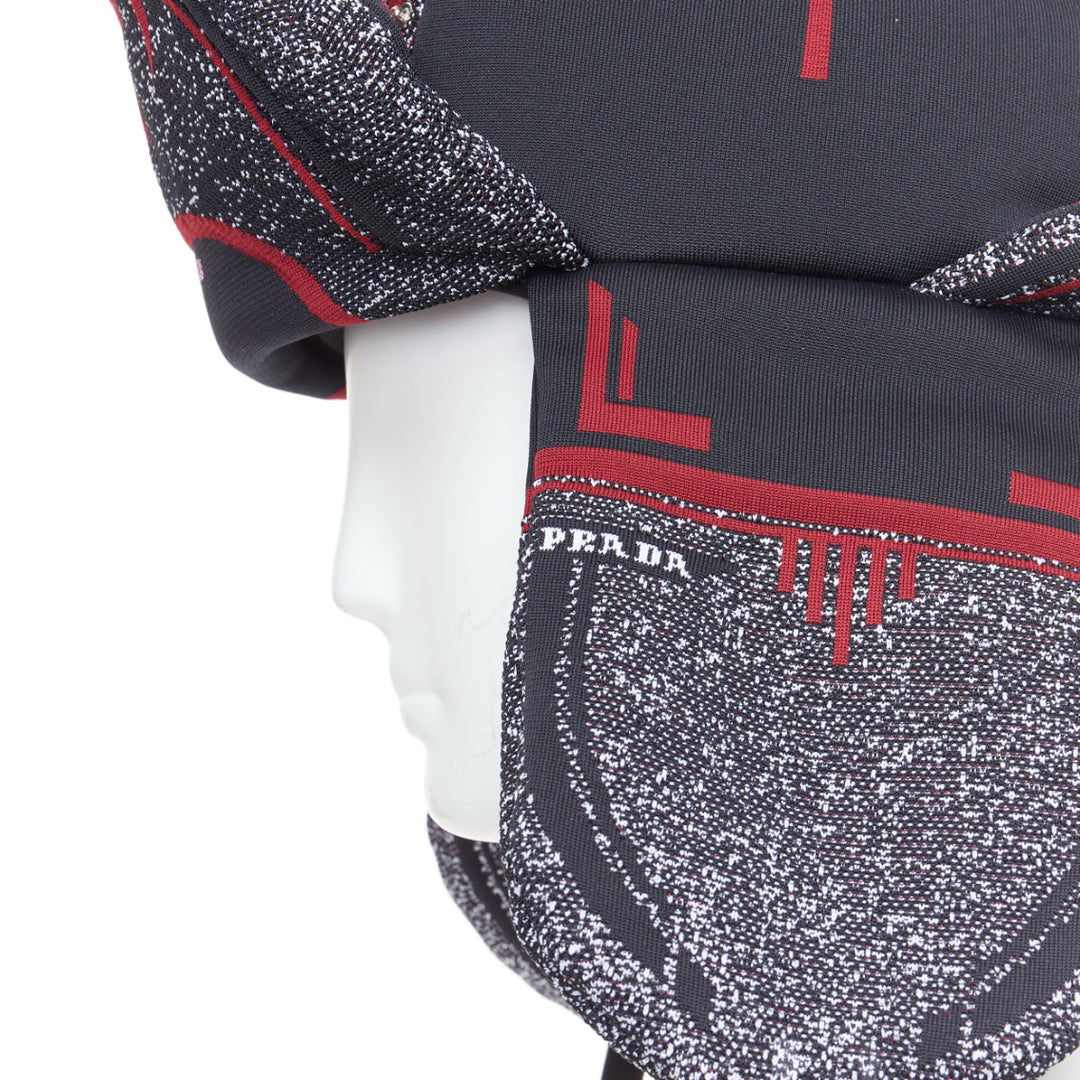 rare PRADA 2019 Runway red grey logo jacquard padded trapper hat L