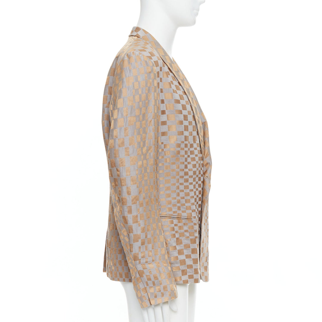 rare HAIDER ACKERMANN 2015 Runway gold silver checkered linen silk blazer XL