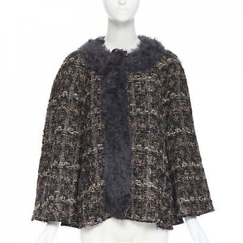 DOLCE GABBANA brown black wool tweed shearling fur trimmed cape poncho jacket XS
