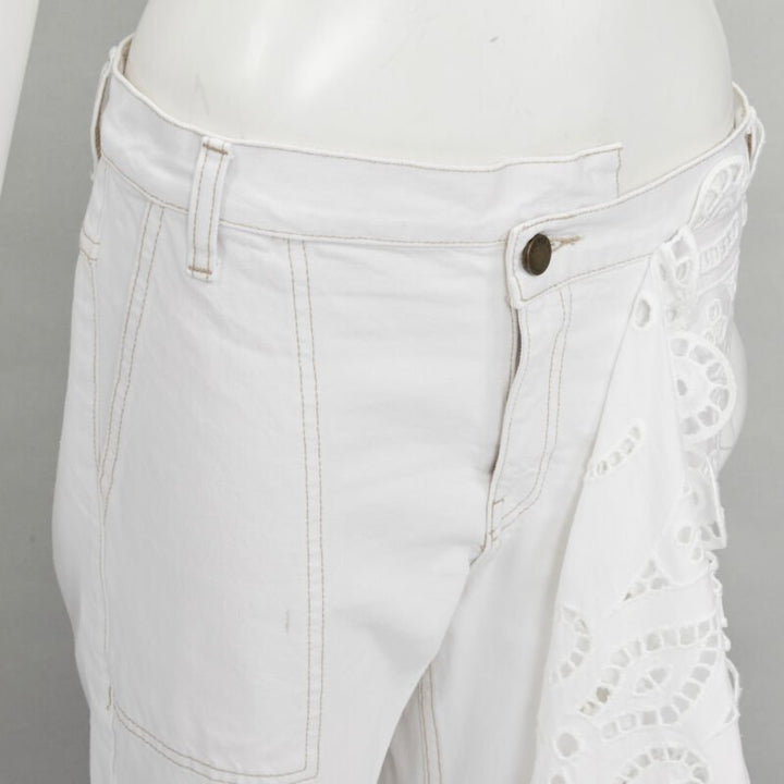 MONSE white denim cotton embroidery anglais draped trim straight leg jeans US2 S