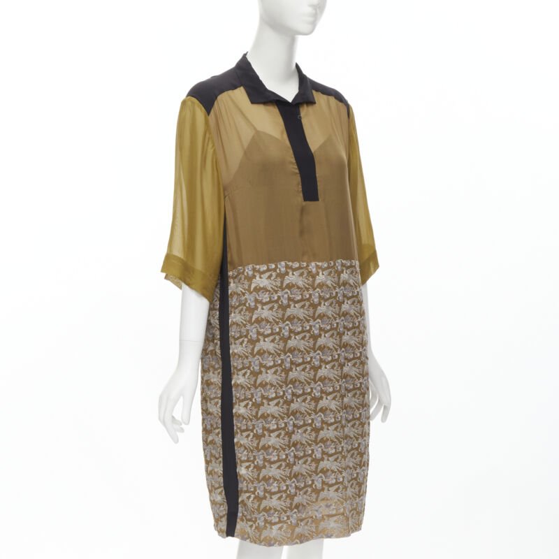 DRIES VAN NOTEN 2012 gold oriental crane embroidery shift dress FR36 S