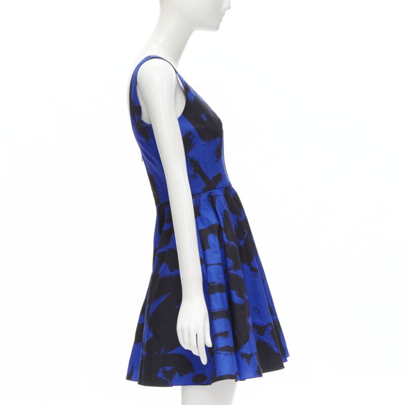 ALEXANDER MCQUEEN 2022 black blue abstract print fit flared scoop dress It38 S