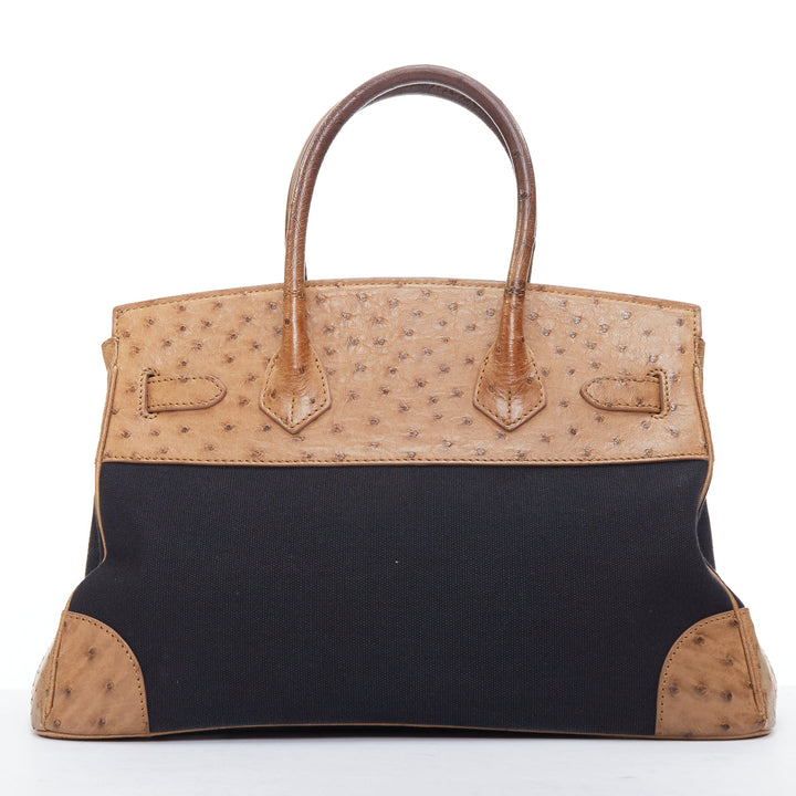 KP NEW YORK INC brown leather trim black canvas satchel tote bag
