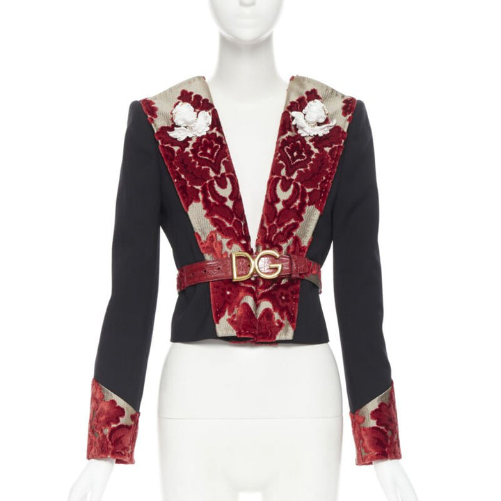 DOLCE GABBANA black wool gold red velvet cherub brooch belted blazer IT40