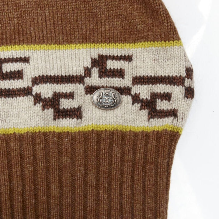 CHANEL 95% cashmere brown yellow CC logo intarsia turtleneck sweater FR42 XL