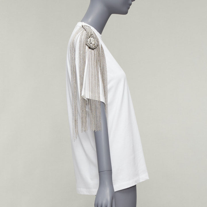 CHRISTOPHER KANE white military silver chain embellished shoulder tshirt XS