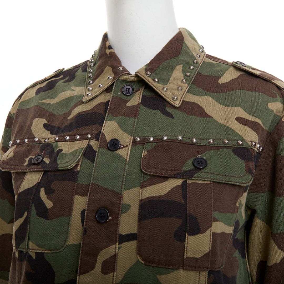 SAINT LAURENT 2015 green khaki camo print cotton studded army jacket XS