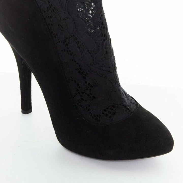 DOLCE GABBANA black floral lace mesh sock suede pump design short bootie EU39