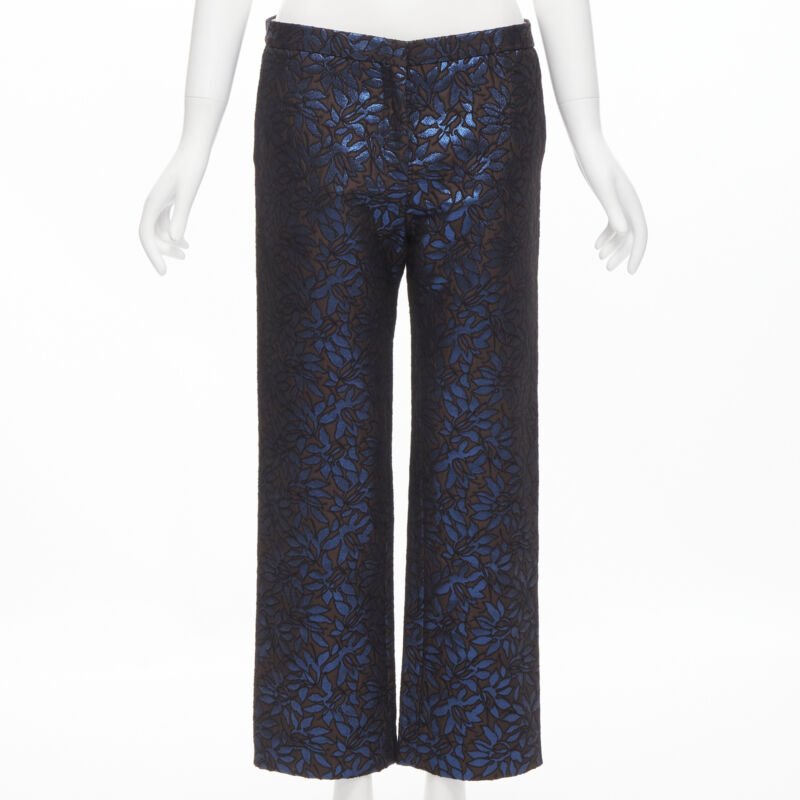 MARNI metallic blue brown floral jacquard wide leg trousers pants IT42 M