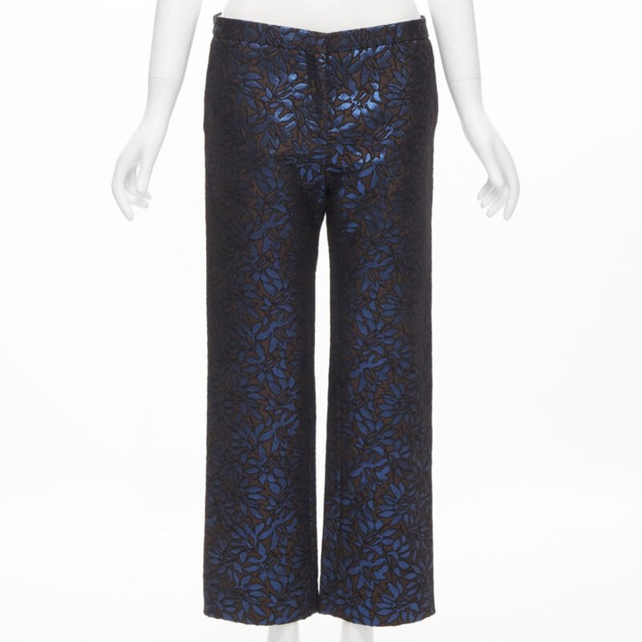 MARNI metallic blue brown floral jacquard wide leg trousers pants IT42 M