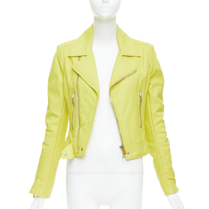 BALENCIAGA 2014 yellow lambskin leather crop biker jacket FR38 M