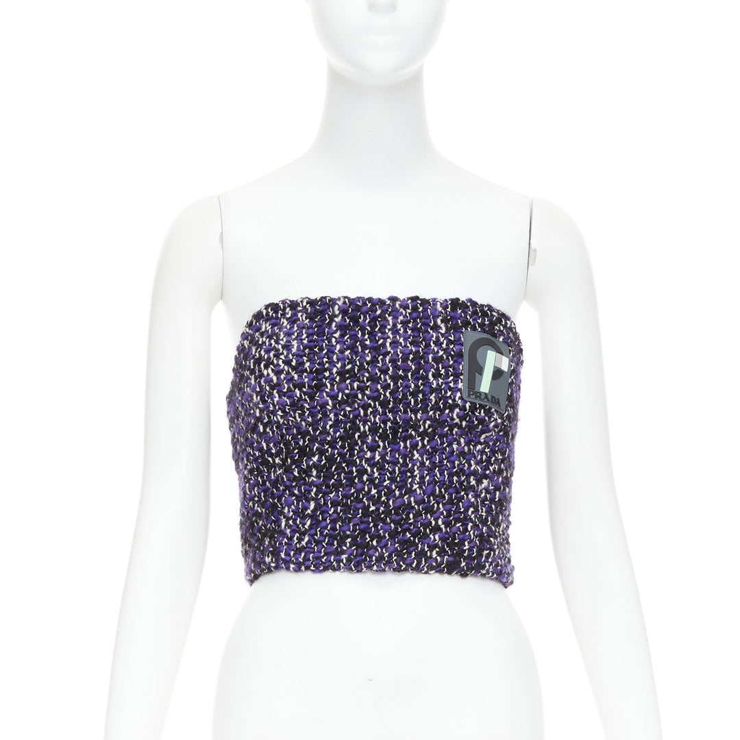 PRADA 2018 Runway purple wool tweed rubber badge strapless bustier tube IT40 S