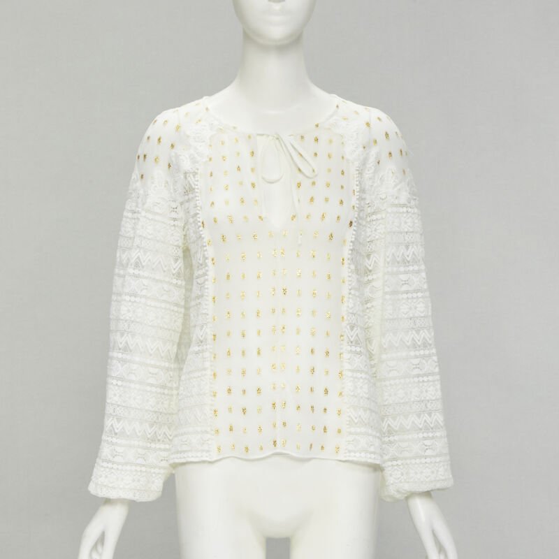 TEMPERLEY LONDON white sheer gold jacquard crochet lace bohemian top US4 S