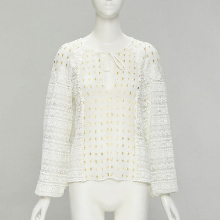 TEMPERLEY LONDON white sheer gold jacquard crochet lace bohemian top US4 S