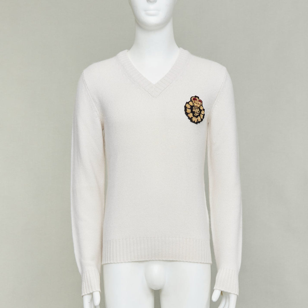 DOLCE GABBANA cream cashmere gold varsity badge v-neck sweater IT46 S
