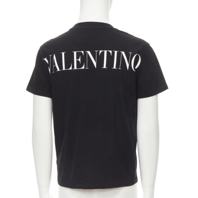 VALENTINO floral lace breast pocket white logo black cotton tshirt S