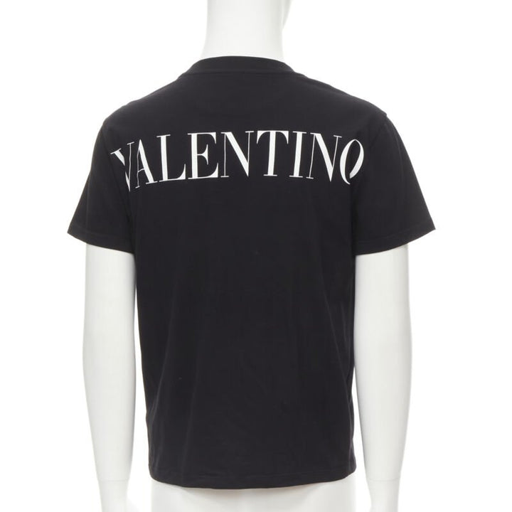 VALENTINO floral lace breast pocket white logo black cotton tshirt S