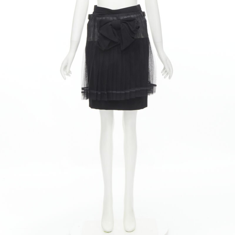 COMME DES GARCONS 2004 black XL bow buckle layered pleated net mesh skirt M