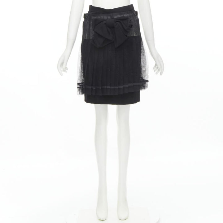 COMME DES GARCONS 2004 black XL bow buckle layered pleated net mesh skirt M