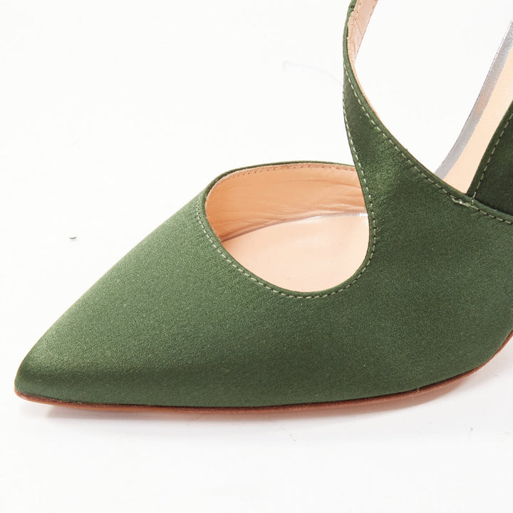 RUPERT SANDERSON Nanda green satin d'orsay silver heel pointy pumps EU36