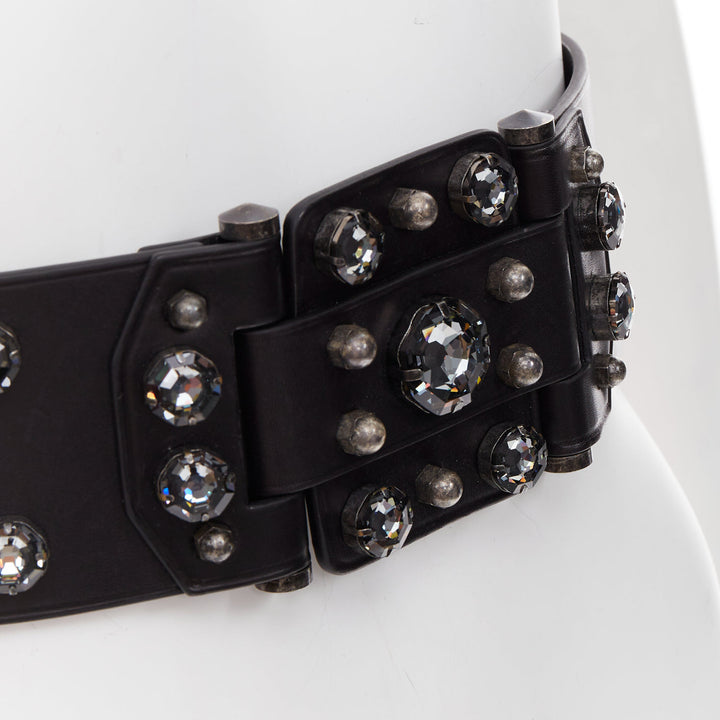 LANVIN black calfskin leather crystal embellished panelled statement belt S