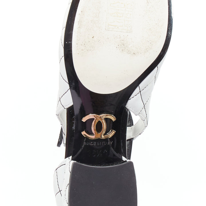 CHANEL 2022 black white quilted topstitch patent cap toe maryjane heels EU36.5