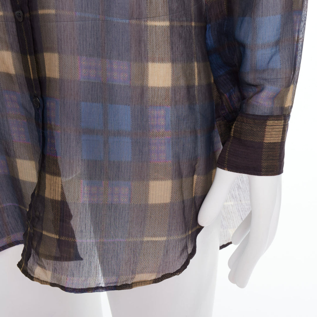 DRIES VAN NOTEN blue beige cotton silk sheer checked shirt IT48 M