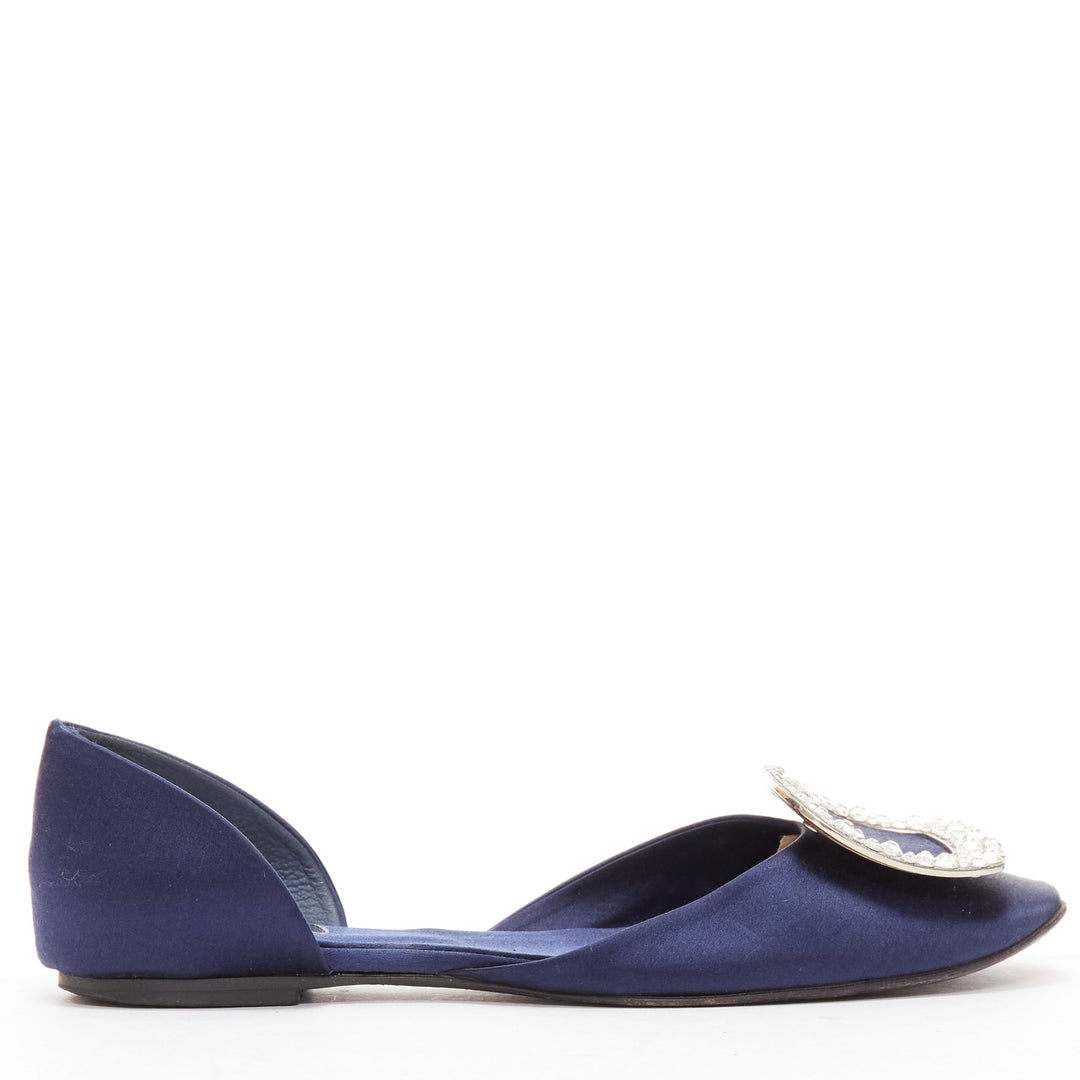 ROGER VIVIER Chips Strass navy satin crystal square buckles flat shoes EU35