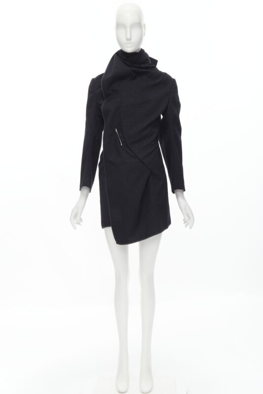 Runway COMME DES GARCONS 1999 Vintage black silver pinstripe wool wrap coat S