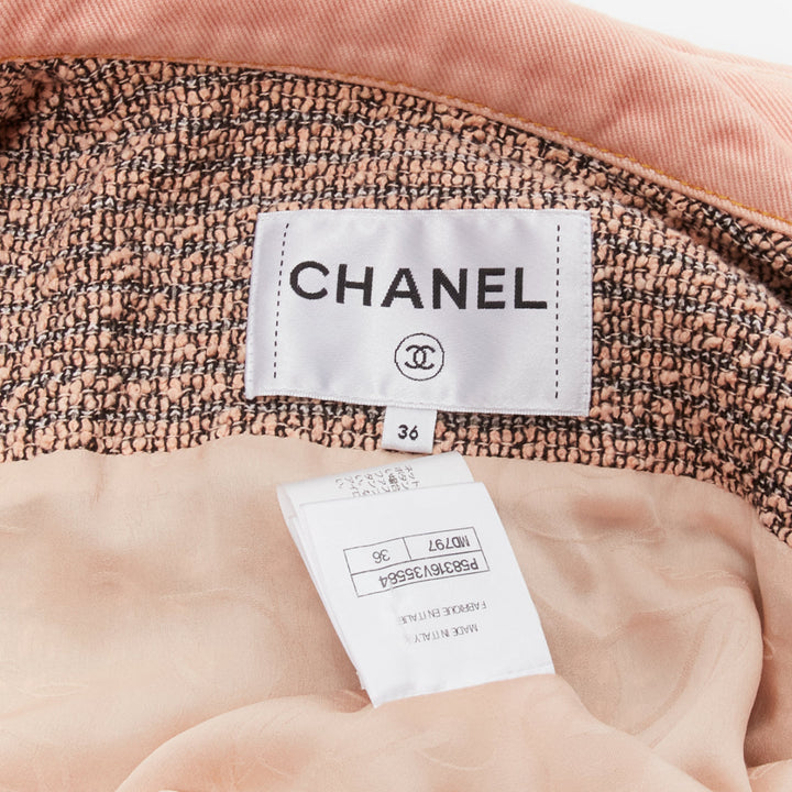 rare CHANEL 2018 Runway pink denim trim tweed CC button cropped jacket FR36 S