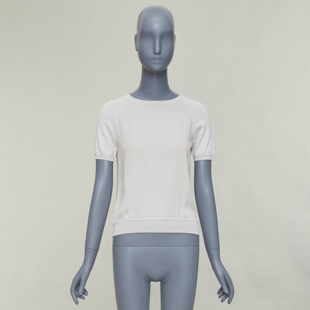 LORO PIANA grey silk bi fabric  raglan short sleeve logo charm top IT38 XS