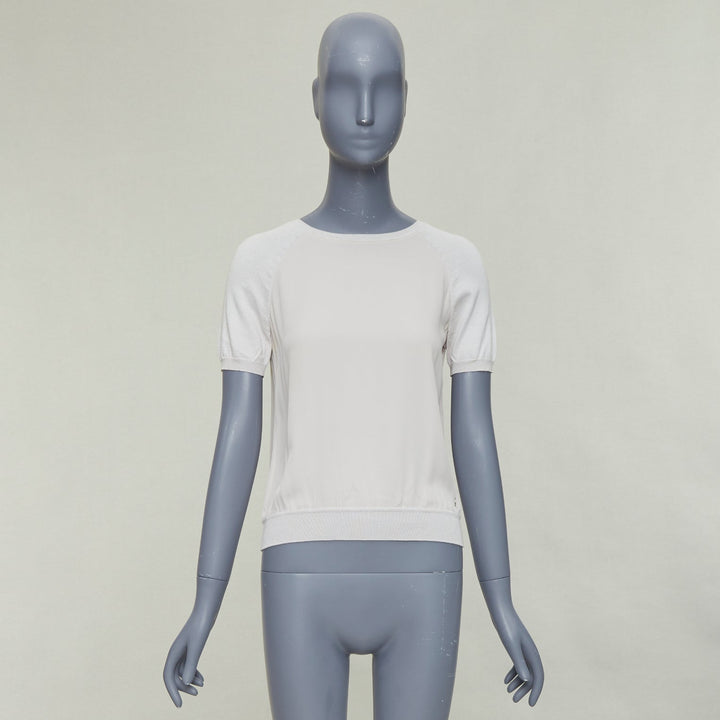 LORO PIANA grey silk bi fabric  raglan short sleeve logo charm top IT38 XS