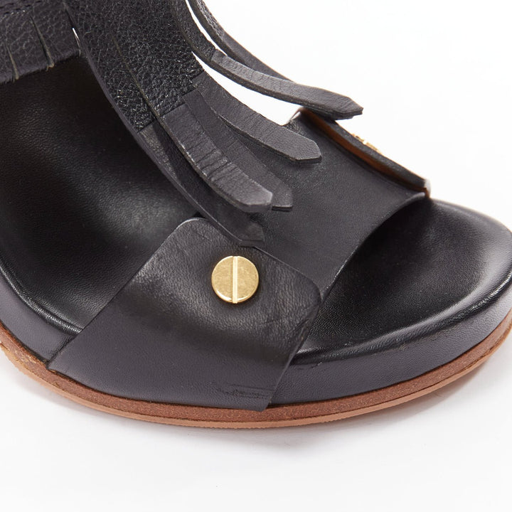 CHLOE black blue fringe detail gold nail grommet block heel sandal EU37