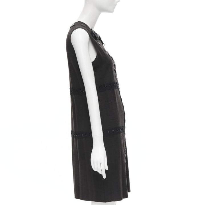 LANVIN 2004 Alber Elbaz brown wool black jewel embellished sheath dress FR38 S