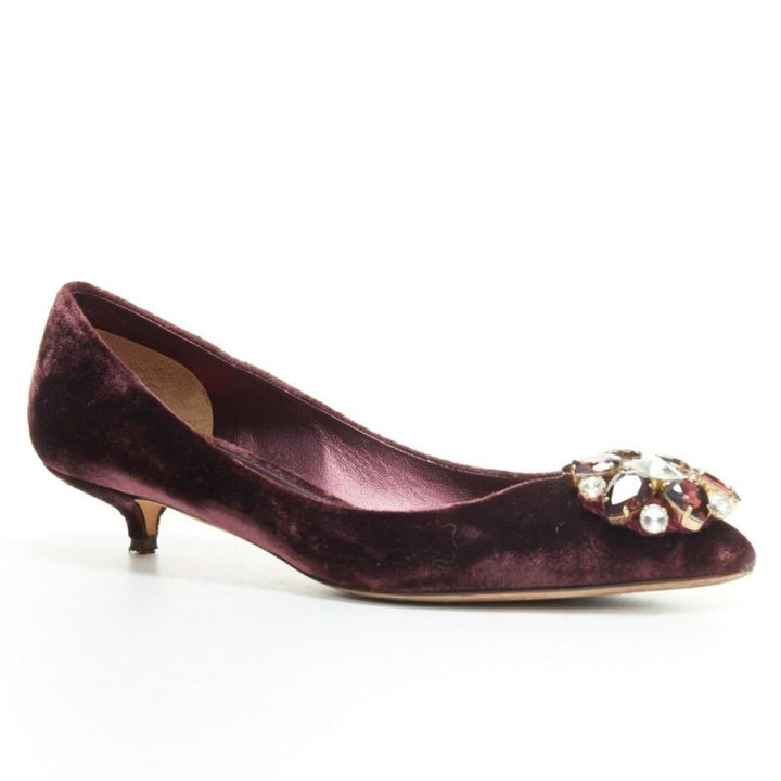 DOLCE GABBANA embellished purple velvet crystal toe kitten heel pumps EU36.5