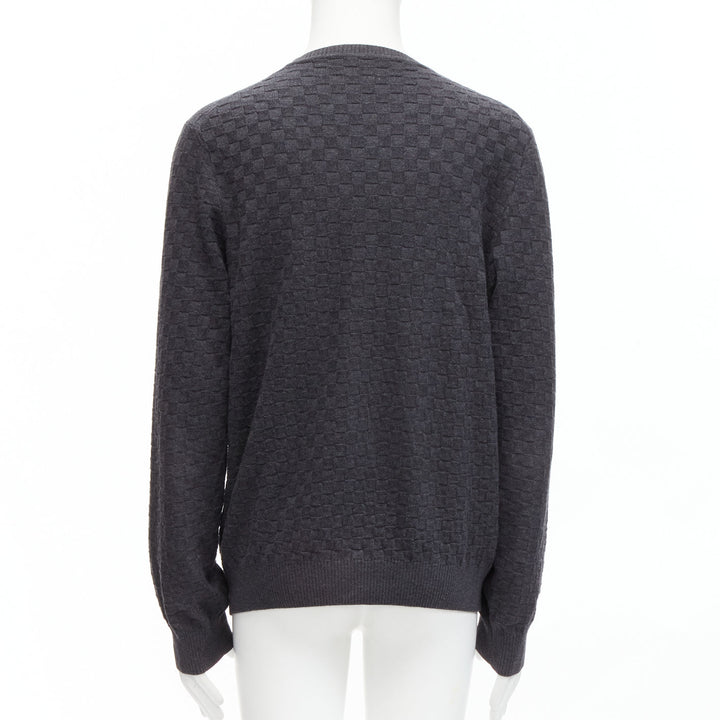 LOUIS VUITTON Damier grey wool cotton checks LV leather patch sweater L