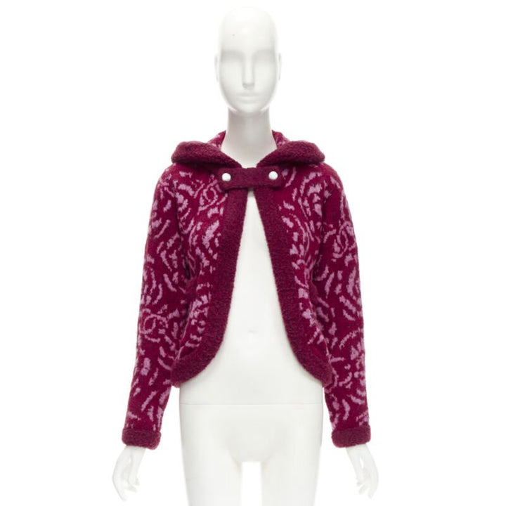 rare CHANEL red pink Camellia CC wool fluffy boucle trim cardigan jacket FR34 XS
