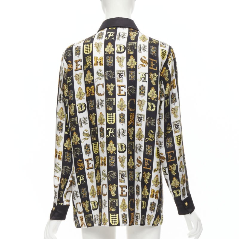 VERSACE Virtus Alphabet black gold Barocco Medusa button silk shirt IT42 M