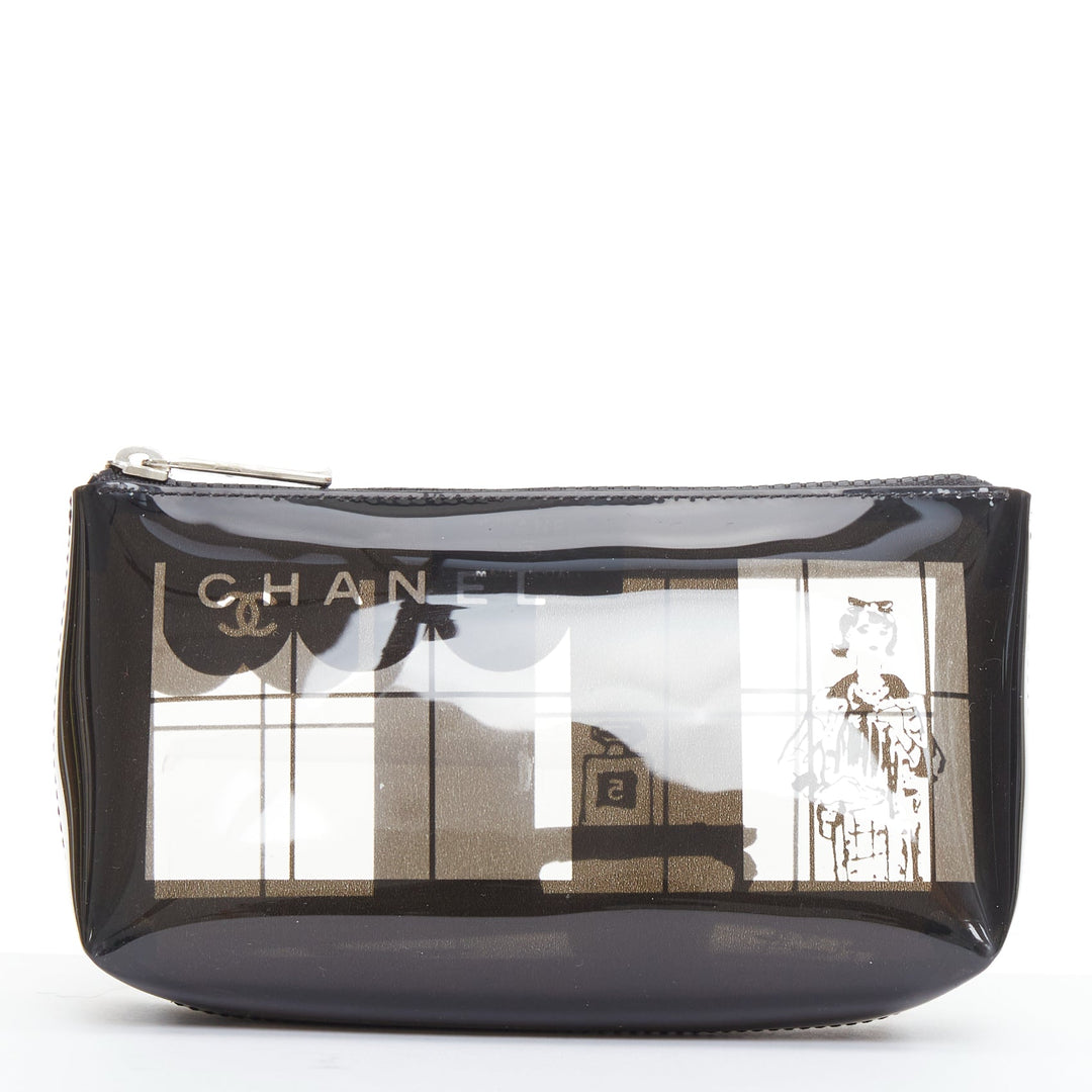 CHANEL 2003 Coco Window black clear PVC silver zip cosmetic pouch