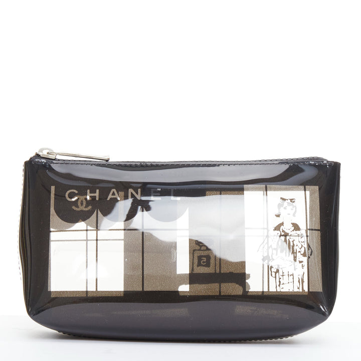 CHANEL 2003 Coco Window black clear PVC silver zip cosmetic pouch