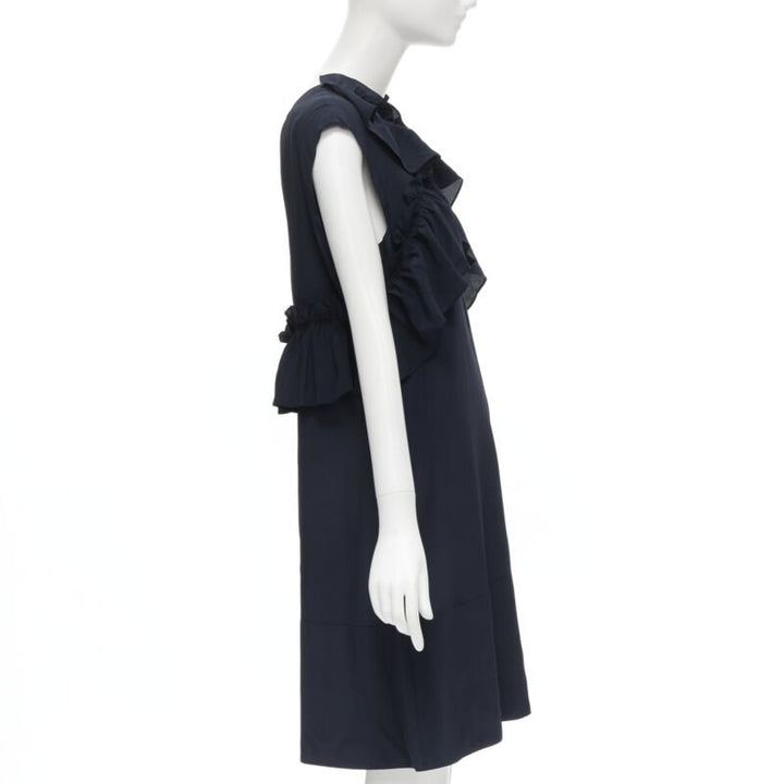 MARNI navy blue silk crepe cross ruffle trim knee lenth dress IT40 S