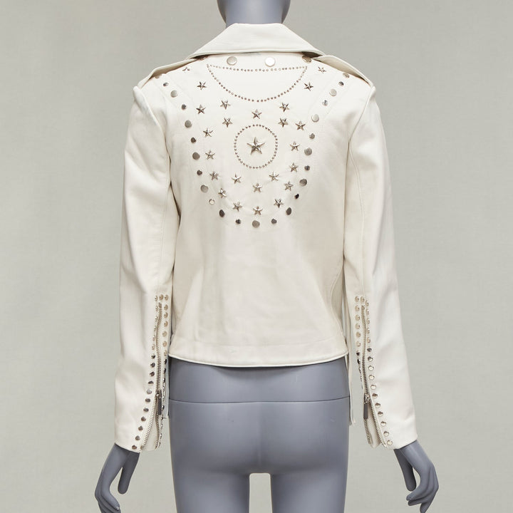 NOUR HAMMOUR cream lambskin fringe silver studs western biker jacket FR34 XS