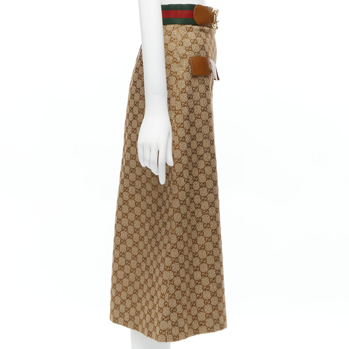 GUCCI Aria GG monogram crystal brown leather horsebit A-line midi skirt IT38 XS