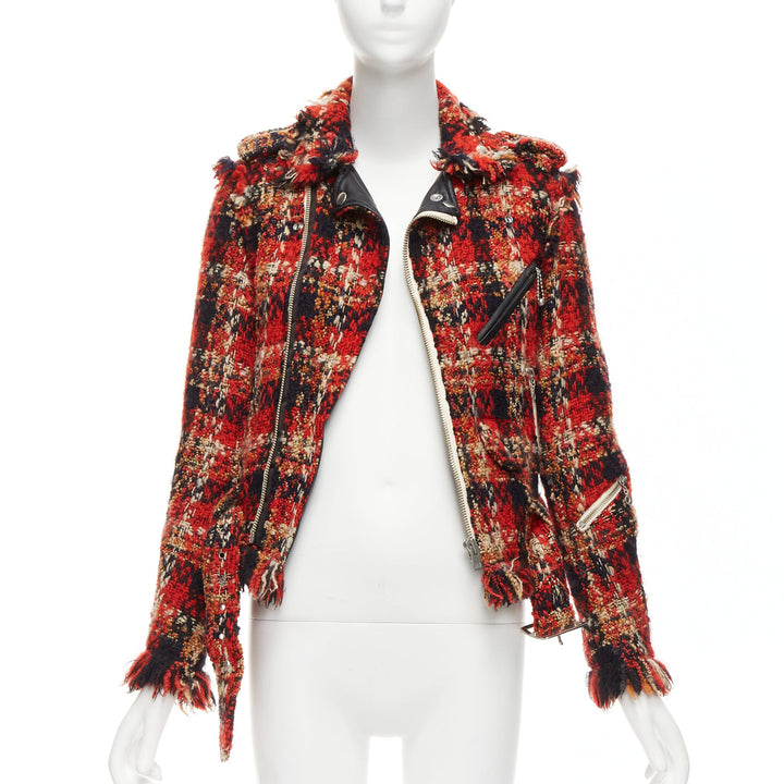 MIHARA YASUHIRO red plaid wool tweed PU trimmed biker jacket FR36 S