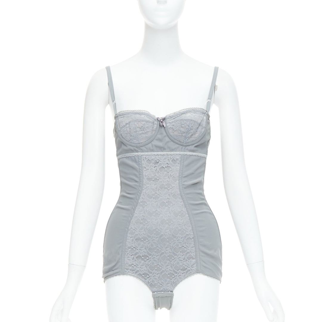 DOLCE GABBANA Vintage grey bow lace fitted boned bustier bodysuit top IT38 XS