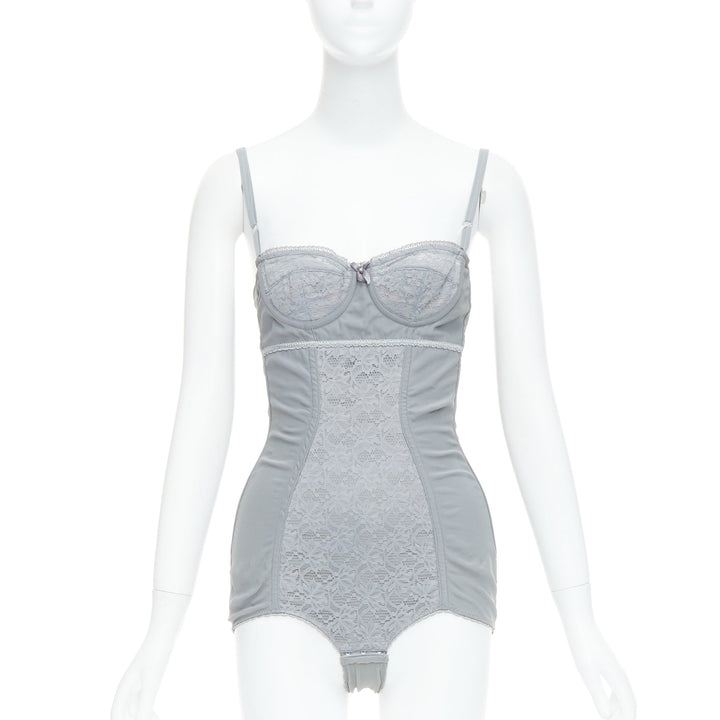 DOLCE GABBANA Vintage grey bow lace fitted boned bustier bodysuit top IT38 XS